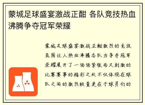 蒙城足球盛宴激战正酣 各队竞技热血沸腾争夺冠军荣耀