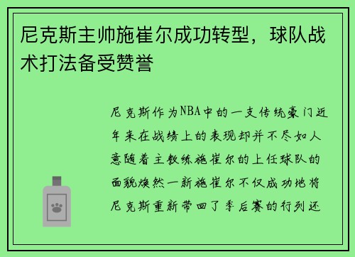 尼克斯主帅施崔尔成功转型，球队战术打法备受赞誉