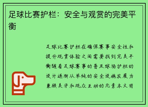 足球比赛护栏：安全与观赏的完美平衡