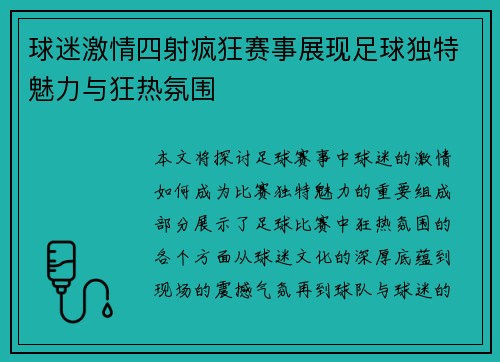 球迷激情四射疯狂赛事展现足球独特魅力与狂热氛围