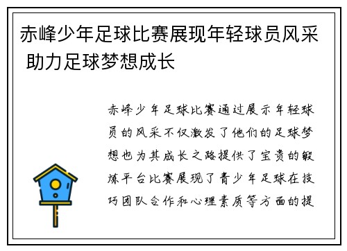 赤峰少年足球比赛展现年轻球员风采 助力足球梦想成长