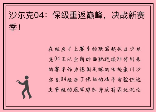 沙尔克04：保级重返巅峰，决战新赛季！