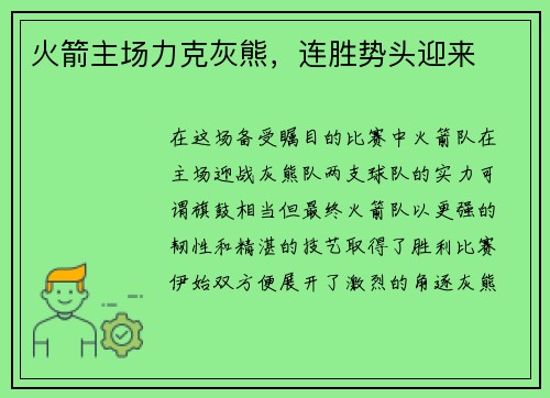 火箭主场力克灰熊，连胜势头迎来
