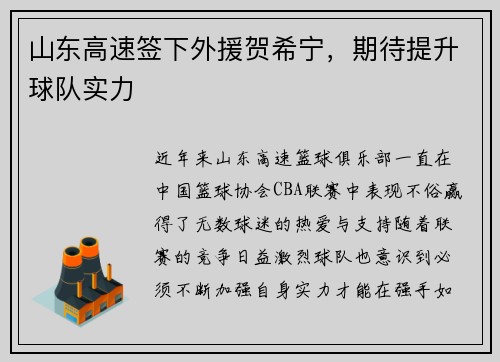 山东高速签下外援贺希宁，期待提升球队实力