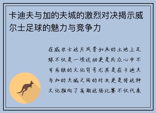 卡迪夫与加的夫城的激烈对决揭示威尔士足球的魅力与竞争力