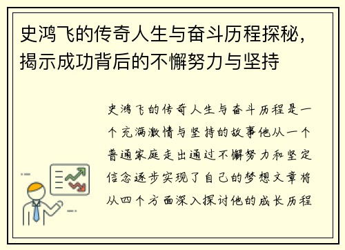 史鸿飞的传奇人生与奋斗历程探秘，揭示成功背后的不懈努力与坚持